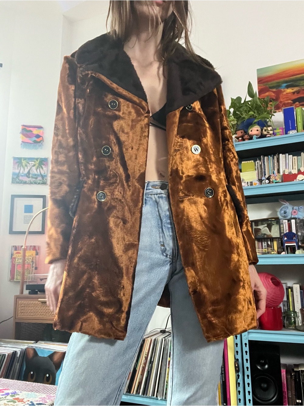 60s Bronze Faux Fur Peacoat XS